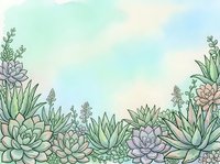 Watercolor succulent garden background with soft pastel sky, featuring echeveria and aloe plants in mint, lavender, and blush tones.
