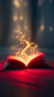 Magical open book with glowing golden light trail and sparkles rising from pages against dark background on red fabric, creating mystical atmosphere.