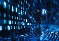 Digital trophy against binary code background in blue technological environment, symbolizing achievement and success in digital transformation and cybersecurity.