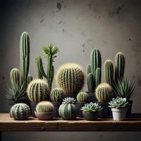 Collection of various cacti and succulents arranged on wooden shelf against textured wall for home decor and gardening projects.