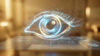 Futuristic holographic eye projection with digital circuits and data streams floating above modern surface in warm ambient lighting for tech presentations.