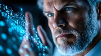 Middle-aged Caucasian man with beard interacting with glowing blue digital particles and holographic technology interface in futuristic sci-fi setting.