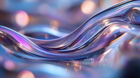 Abstract flowing liquid with iridescent purple and blue reflections on smooth glossy surface against blurred bokeh background.