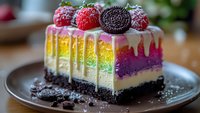 Rainbow cheesecake slice with white dripping glaze, topped with fresh raspberries and chocolate cookie crumbs on dark plate, colorful layered dessert.