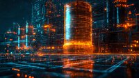 Futuristic digital cityscape with glowing orange and blue neon lights reflecting on wet surface, cyberpunk urban architecture with illuminated skyscrapers and grid patterns.