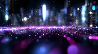 Futuristic digital landscape with glowing neon grid lines extending to horizon, illuminated by purple and blue lights against dark background with floating bokeh particles.