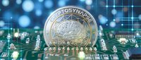 Cryptocurrency coin resting on circuit board with digital network background, representing blockchain technology, fintech innovation, and digital currency investment opportunities.