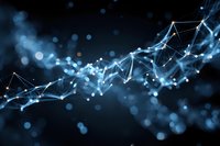 Abstract digital network visualization with glowing blue connections and nodes on dark background, representing technology and data flow.