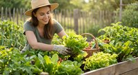 Young woman farmer harvesting fresh lettuce in organic vegetable garden wearing straw hat. Sustainable agriculture and healthy eating lifestyle concept.