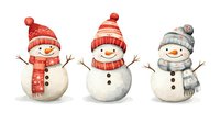 Cheerful watercolor snowmen wearing knitted scarves and winter hats standing in row on white background, isolated festive holiday characters for greeting cards and decor.