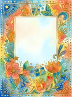 Colorful ornamental frame with gift boxes, flowers, and decorative elements on gradient background. Isolated design ready for greeting cards, invitations, posters, and digital projects.