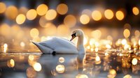 Elegant white swan swimming in calm water with warm golden bokeh lights creating magical reflections and dreamy atmosphere for romantic designs.