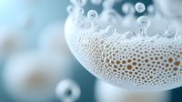 Macro photography of delicate white mushroom gills showing intricate honeycomb pattern and spores in soft blue tones, creating abstract natural art composition.