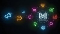 Digital marketing concept with neon glowing icons surrounding central M logo on dark background for business strategy presentations and campaigns.