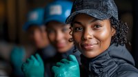 Young African American female warehouse worker wearing protective cap and gloves smiles confidently at camera while working with colleagues in distribution center.