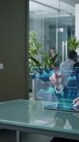 Businessman using futuristic holographic interface with data analytics dashboard and charts in modern office environment for digital transformation.
