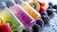 Colorful fruit smoothie bottles with fresh berries, kiwi and tropical ingredients on wet surface. Healthy detox drinks for wellness lifestyle.