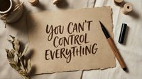 Motivational handwritten quote on kraft paper saying you can't control everything surrounded by natural craft supplies and dried leaves on neutral background.