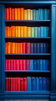 Colorful rainbow arrangement of books on blue wooden bookshelf, organized by spectrum from orange to red and blue, creating vibrant library display.