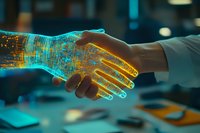 Digital handshake between human and artificial intelligence with glowing blue circuit patterns, symbolizing technological partnership and machine learning advancement.