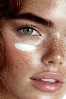 Close-up portrait of young woman with natural freckles, green eyes, and white under-eye cream patch showing skincare routine and natural beauty concept.