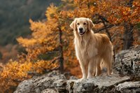 Golden retriever dog standing on rocky cliff against backdrop of autumn forest with vibrant orange foliage in mountain landscape.
