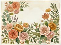 Watercolor floral frame with roses, peonies, and greenery in warm peach and golden tones, featuring a blank center for text or design.