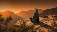 Young woman meditating on rocky cliff during golden sunset with mountain landscape backdrop, peaceful mindfulness and wellness lifestyle concept.