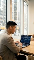 Young Asian businessman working on laptop with financial data charts in modern office cafe with city view through large windows.