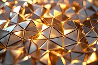 Metallic gold and bronze triangular facets with glowing light reflections create an abstract geometric surface, suitable for luxury branding, technology backgrounds, and modern design projects.