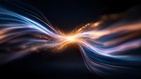 Abstract glowing energy waves with light streams in blue and orange colors flowing and intersecting against dark background creating dynamic motion effect.