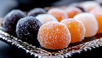 Colorful sugar coated fruit jelly candies arranged in row on decorative black plate, macro food photography with selective focus and soft blur background.