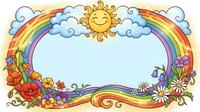 Colorful rainbow frame with smiling sun, fluffy clouds and spring flowers creating decorative border for children's designs and greeting cards.