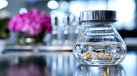 Glass jar filled with cigarette butts in water against blurred background with pink flowers, highlighting smoking cessation and environmental awareness concepts.