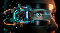 Futuristic digital interface overlaying human face with glowing cyan and orange holographic elements, augmented reality visualization, artificial intelligence technology concept.