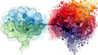 Creative brain hemispheres with colorful watercolor splashes and intricate patterns representing logic and creativity balance for mental health concepts.