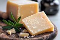 Aged parmesan cheese chunks on rustic wooden cutting board with fresh herbs and salt crystals, macro shot showing texture and crystalline structure.