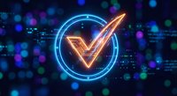 Glowing neon checkmark symbol in circular frame against dark digital background with colorful bokeh lights for business success and approval concepts.