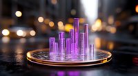 Glowing purple crystal columns on illuminated circular platform against blurred city lights background, futuristic financial data visualization concept.