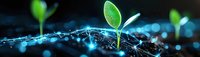 Young green seedlings sprouting from soil with water droplets and glowing blue light effects, symbolizing growth, renewal, and agricultural innovation.