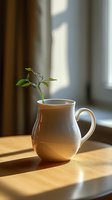 Single green plant sprout growing in white ceramic pitcher on wooden table, illuminated by soft morning sunlight casting dramatic shadows through window.