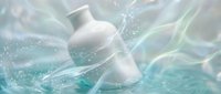 White cosmetic bottle with dropper cap submerged in turquoise water with flowing silk ribbons and sparkling particles, suitable for skincare and beauty product marketing.