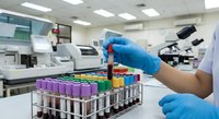 Laboratory technician in blue gloves handling blood sample tubes in modern medical testing facility for clinical analysis and diagnostic research.