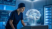 Female healthcare professional examining holographic brain model in modern medical facility with digital displays and advanced technology equipment.