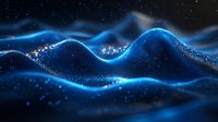 Glowing blue waves with sparkling particles flow through dark space creating abstract landscape. Futuristic digital art background for technology designs.