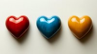 Three glossy heart shapes in red, blue, and gold arranged in a row on a neutral background, suitable for love, emotion, and Valentine's Day designs.