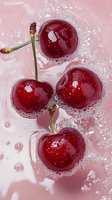Fresh red cherries splashing in sparkling water with bubbles on pink background for summer refreshment and healthy eating concepts.