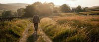 Man walking on rural dirt path through golden grassland at sunset with rolling hills and farmhouse in peaceful countryside landscape.