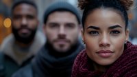 Young African American woman with natural curly hair in burgundy scarf smiling confidently at camera, with diverse group of friends in background on autumn evening.