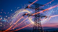 High voltage electrical transmission tower with glowing energy streams and light trails against twilight sky. Power grid infrastructure concept for renewable energy.